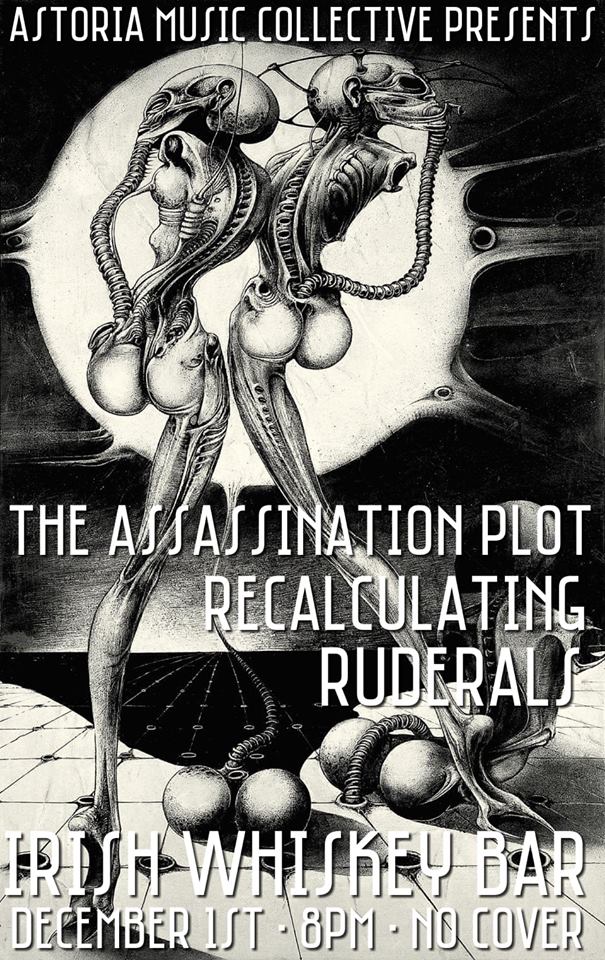 Flier, The Assassination Plot, Recalculating and Ruderals, Irish Whiskey Bar, Astoria, Queens, December 1, 2018